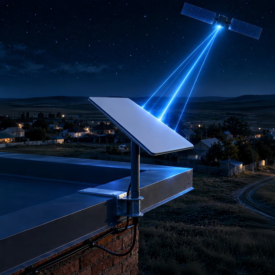 Starlink Standard: үй шатырына мачтаға орнатылған антенна, түнгі ауыл